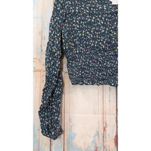 Gypsies & Moondust Womens Large Floral Crop Top Smocked Green Blouse Long Sleeve - Picture 5 of 10